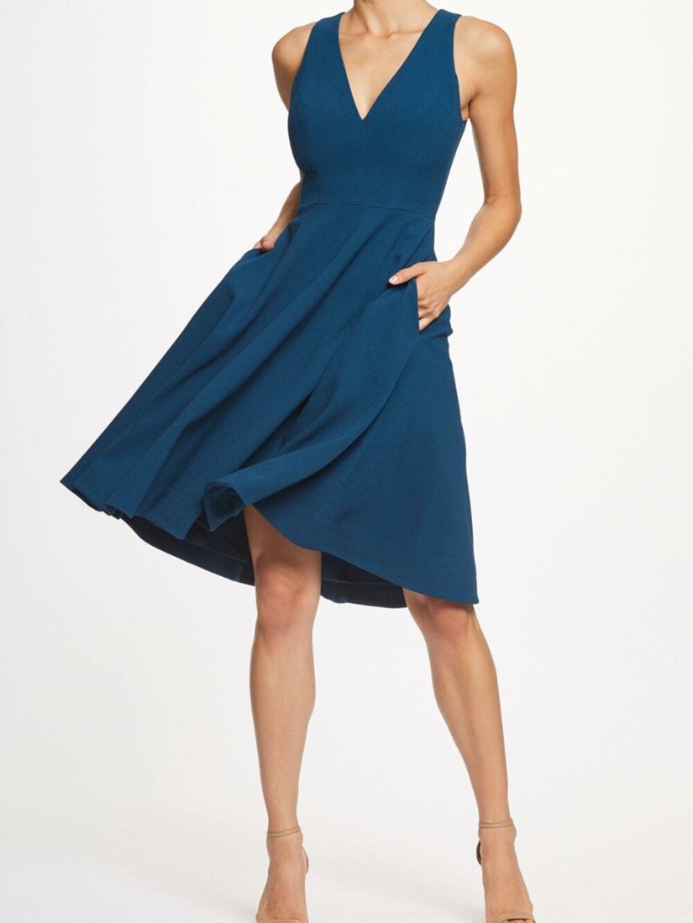 Dress The Population Catalina Teal V-neck Sleeveless Fit & Flare with pockets